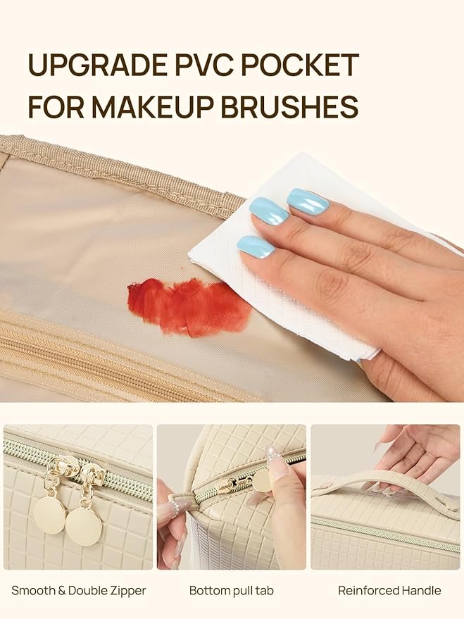 Telena Leather Make Up Bag Portable Travel Makeup Bag Waterproof Cosmetic Bags for Women Large Capacity With Handle and Divider Open Lay Flat