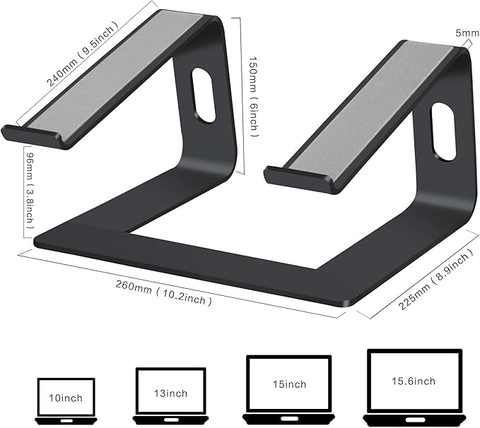 Orionstar Ergonomic Laptop Stand, Premium 5mm Aluminum Riser for 10-15.6 Inch Notebook Computer, Tool-Free Detachable Elevator Holder for Desk Office, Sturdy Riser for Eye-Level Neck Relief, Black