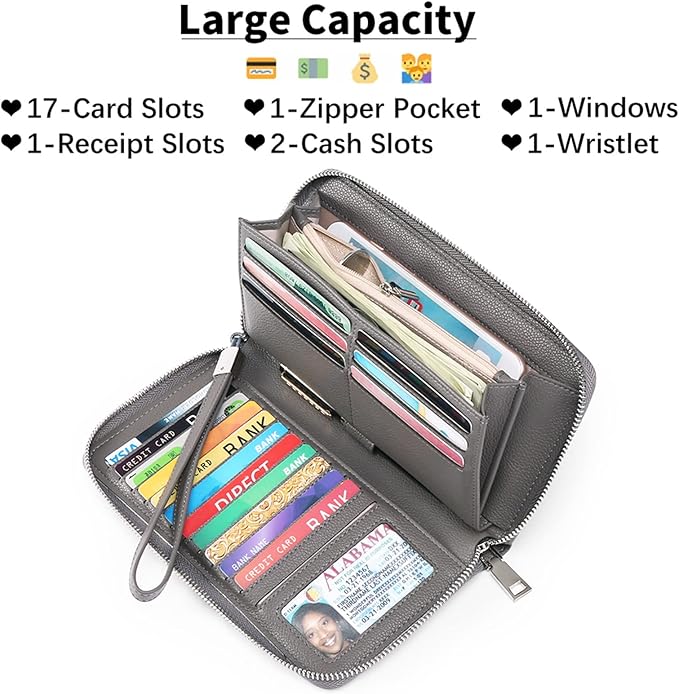 GOIACII Womens Wallet RFID Blocking Leather Zip Around Wallet Large Capacity Long Purse Credit Card Clutch Wristlet | RFID Blocking, Zip Around, Large Capacity, Long, Credit Card, Clutch