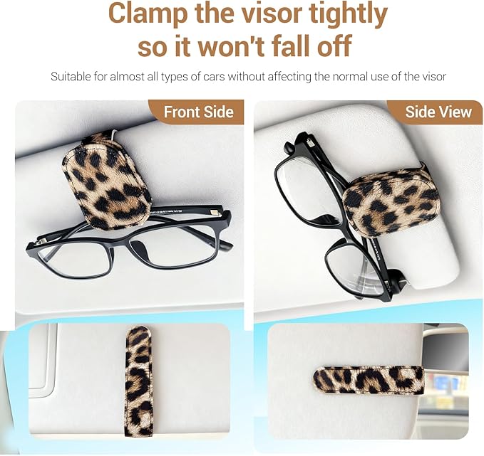Leopard Sunglass Holder for Car, 2 Pack Universal Magnetic Car Sun Visor Eyeglass Holder, Leopard Print Leather Glasses Clip for Car, Ticket Card Clip, Cheetah Sunglass Holder for Car