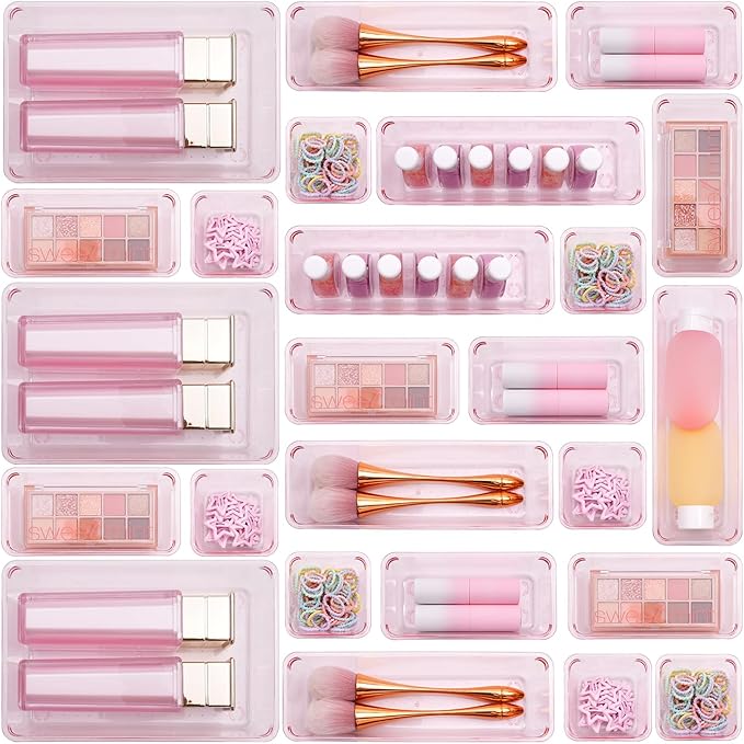 Kitchen Desk Drawer Organizers Storage for Office, Small Acrylic Vanity Trays Makeup Organizer for Drawer Bathroom Plastic Make up Organizers 25 Pcs Pink