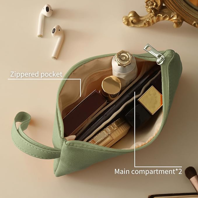 RIGHT AWAY Makeup Bag Travel Cosmetic Bag,Portable Make up Organizer With Handle,Small purse pouches Cell Phone Purse with Compartments for Women Girls（Green）