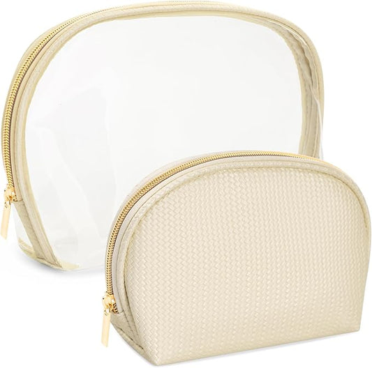 Cosmetic Bag for Women, Travel Makeup Bags 2 Pack, Waterproof Protable Toiletry Pouch Purse with Zipper, Clear Make up Organizer Case for Skincare Toiletries Accessories(Beige)