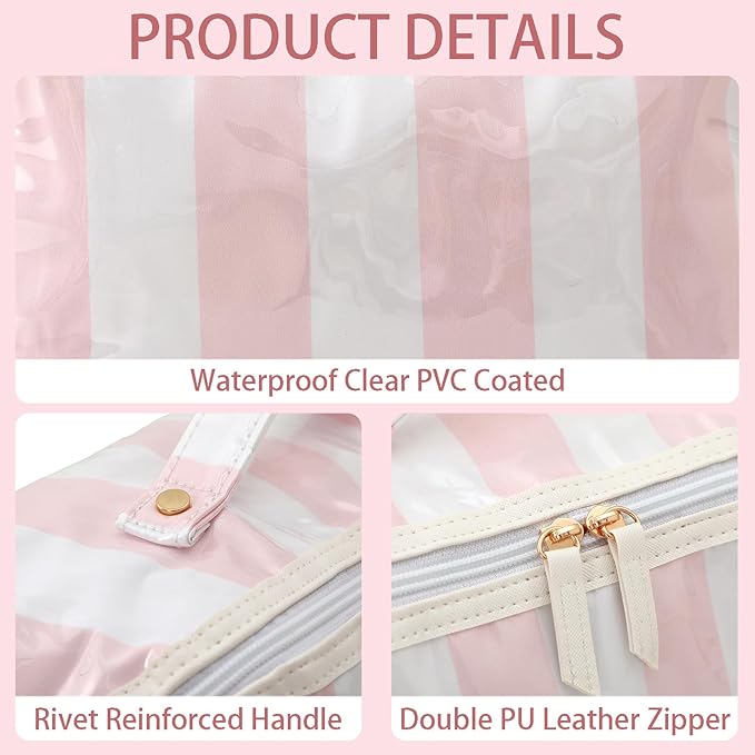 DYSHAYEN Stripe Travel Makeup Bag with Compartments Clear Coated Cosmetic Bag for Women, Waterproof Portable Open Flat Toiletry bag （White-Pink）