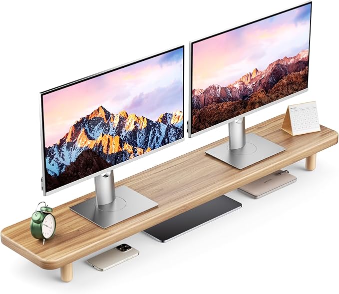Dual Monitor Stand Riser, 39 Inch Extra Long Wooden Desktop Monitor Riser with Storage for 2 Monitors Ultra Strong Desk Shelf Organizer Riser Ergonomic for 2 Screens/Laptop/PC/TV/Printer (Light Walnut, 39inches)