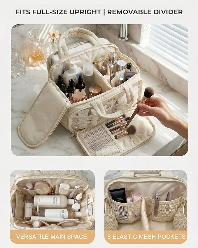Lightweight Structured Travel Toiletry Bag for Women - Wide-Open Puffer Mini Duffel with Removable Divider, Waterproof Lining, Water-Resistant Exterior, Fits Full-Size Bottles & Shower Essentials