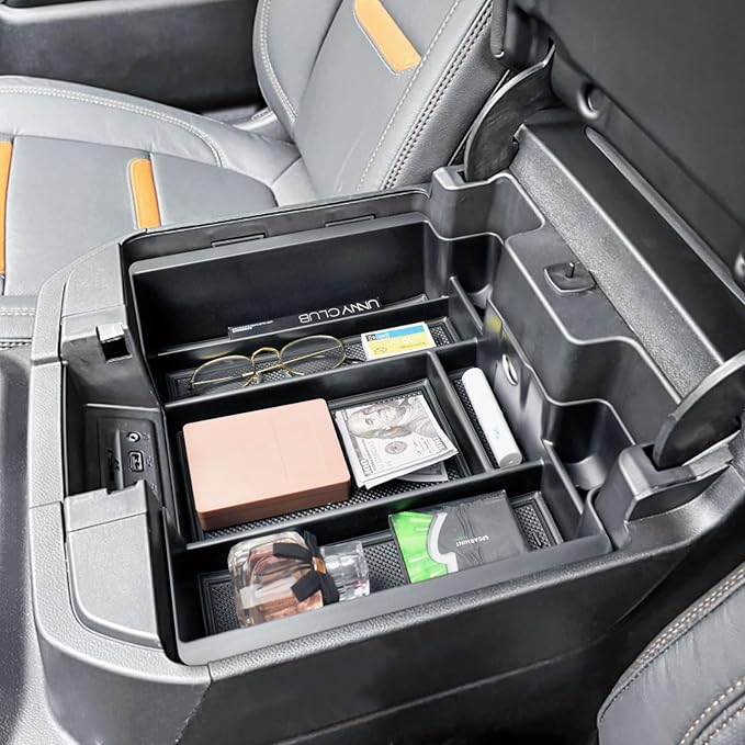 Center Console Organizer Compatible with 2019-2022 Chevy Silverado/Sierra 1500 and 2020-2023 Silverado/Sierra 2500HD 3500HD Accessories Armrest Full Size Tray,Full Console w/Bucket Seats ONLY,Black