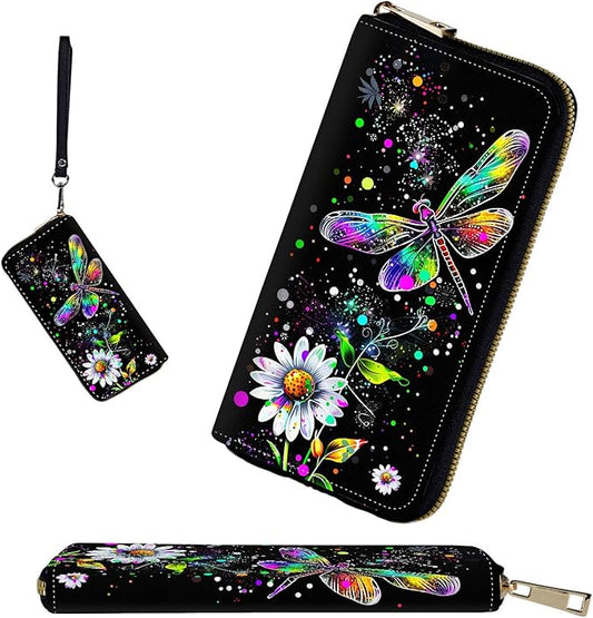 RFID-Blocking Zip Around Wallets for Women with Detachable Wrist Strap,Large Capacity Phone Holder with Card Organizer & Coin Pocket,Dragonfly and Daisy Flower