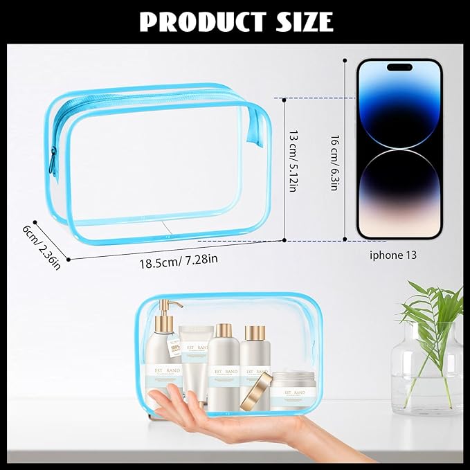 YedsIntu 16 Pieces Clear Cosmetic Bags, PVC Clear Pouch with Zipper TSA Approved Toiletry Bag for Travelling, Waterproof Transparent Travel Makeup Cosmetic Organizer Case for Men and Women (Blue-M)