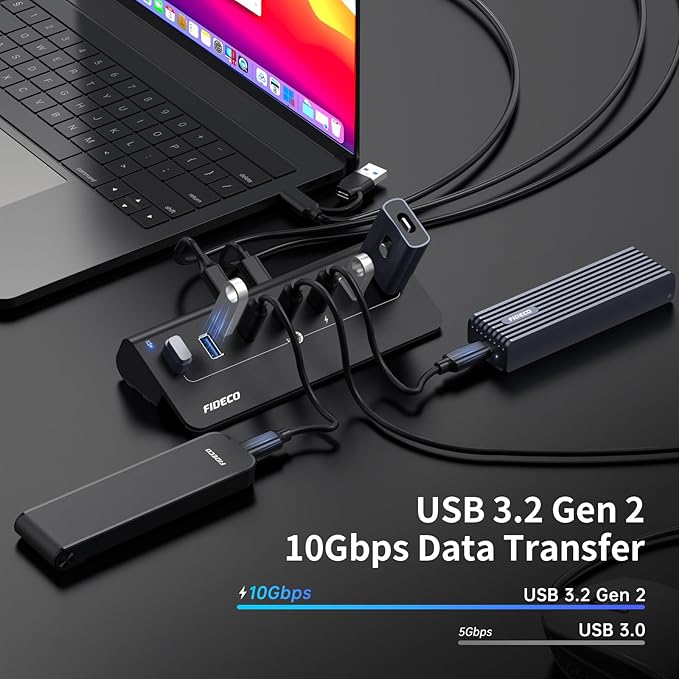 FIDECO Powered USB Hub, 7 Port 10Gbps Fast Data Hub for iPhone 16/15 and Laptop, Full Aluminum USB Splitter with 5V 3A Power Adapter, 4 USB A and 3 USB C Ports, Support BC1.2 Charging (Black)
