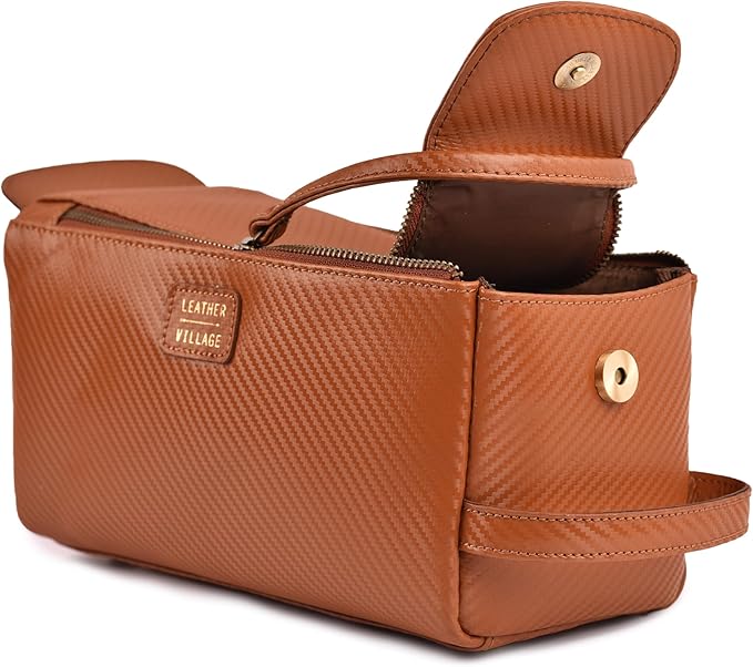 LEATHER VILLAGE Genuine Carbon Fiber Genuine Leather Travel Toiletry Bag - Large Dopp Kit, Water-Resistance Bathroom Kit & Shaving Organizer for Men & Women - Tan