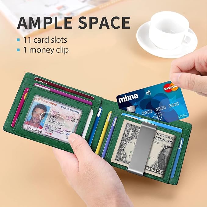 RUNBOX Slim Money Clip Wallets for Men RFID Blocking 11 Card Holder Minimalist Small Leather Bifold Men's Front Pocket Wallet Gift Box