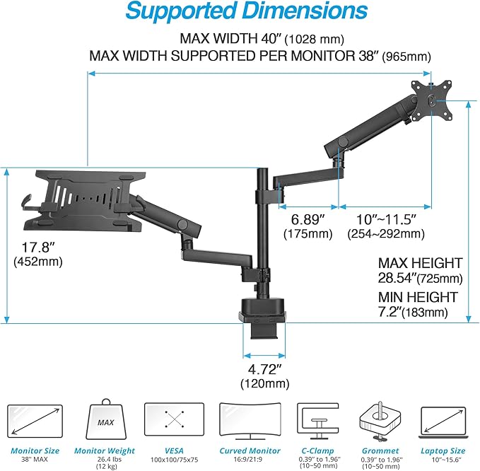 AVLT Laptop & 38 Inch Monitor Arm Pole Top Mount-Black, Supports 26.4 lbs (12 kg), Stacked Monitor, VESA Compatible, Ultrawide Screen Fit, Adjustable Height, Tilt Swivel Rotate, Cable Management