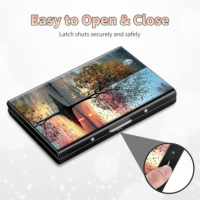 Slim Credit Card Holder, Day and Night Art Tree RFID Blocking Metal Wallet for Men & Women, Aluminum Minimalist Hard Case Pocket-Sized Business Cards Organizer (Fits Up to 10 Cards)