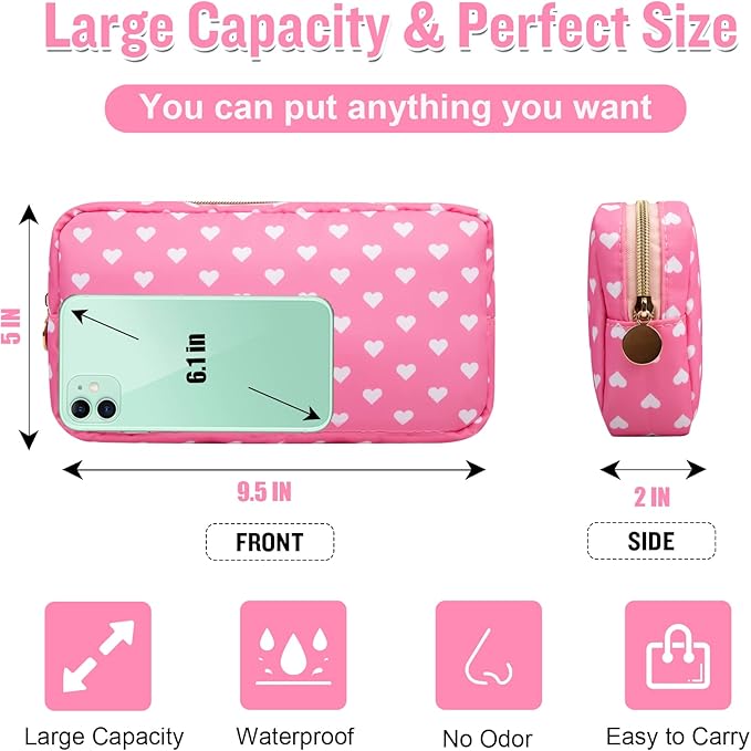 Nylon Small Makeup Bag for Purse, Cute Makeup Bag Preppy Cosmetic Zipper Pouch Purse, Waterproof Portable Travel Toiletry Bag Clutch Makeup Brush Bag Organizer Storage for Women Men Girls(Pink Heart)