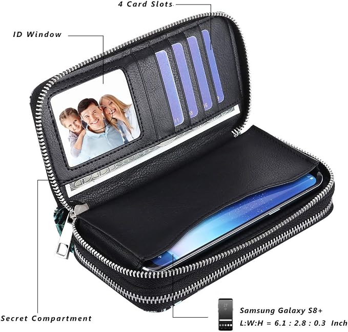Cellphone Wallet for Women Dual Zipper Long Purse with Removable Wristlet