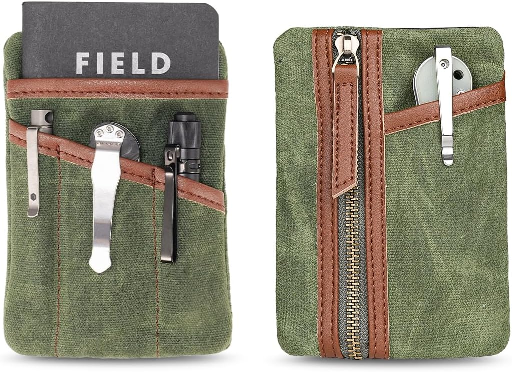 Sayram SP6 EDC Pouch, Waxed Canvas Compact Pocket Organizer, EDC Pocket Pouch for Men, Zippered Pocket Pouch, Mini EDC Organizer for Everyday Carry, Multitool Organizer Pouch (Oil Wax Green)