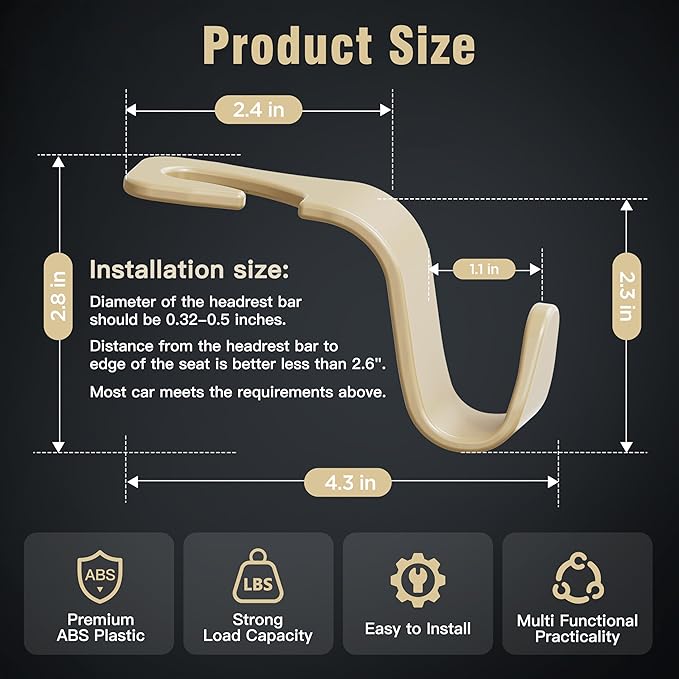 Amooca 4-Pack Car Headrest Hooks Vehicle Storage Organizer for Purses Handbags Groceries Coats –Holds 55lbs 360° Rotating Simple Design Beige