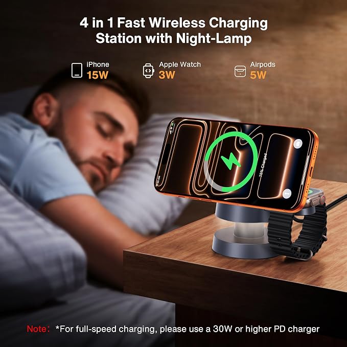 iVANKY Qi2 Certified 3 in 1 Mag-Safe Charger Stand, 15W Fast Magnetic Wireless Charging Station with Night Light for iPhone 17e 17 16 15 14 13 Pro Max, Apple Watch, AirPods 4/3/2/Pro(No AC Adapter)