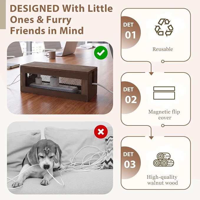 Chunful 13 Inch Cable Management Box, Wood Cord Hider Organizer with Magnetic Lid & Organizer for Power Strip, TV Wires & Desk Cable Storage, Ventilation Hide Floor Cables