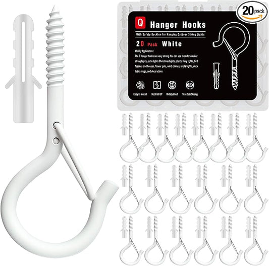 Black Screw Hooks with Safety Lock 2.3" Rustproof Metal Ceiling Hooks for Hanging Plants, Baskets,String Lights & Outdoor Decor, 40LB Capacity (20, White)