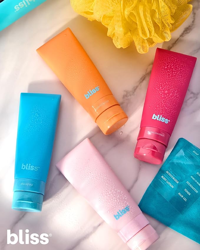 Bliss Travel Bottles Set - 4/7/10 Piece TSA Approved Leak-Free Refillable Travel Size Toiletries Containers for Skincare, Lotion, Shampoo, and Conditioner, 4pc Silicon Amalfi Vibes