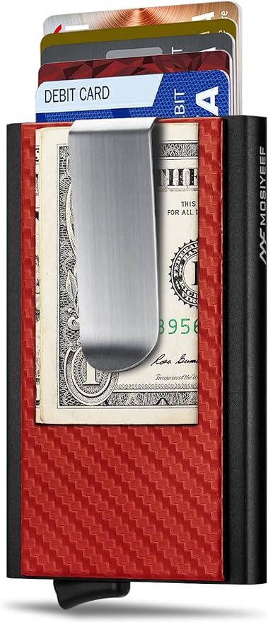 MOSIYEEF Minimalist Wallet for Men, RFID Blocking Card Wallet for Men, Card Holder with Money Clip with Leather Wrapped, Slim Front Pocket Automatic Pop Up Wallet Gifts for Men, Passion Red