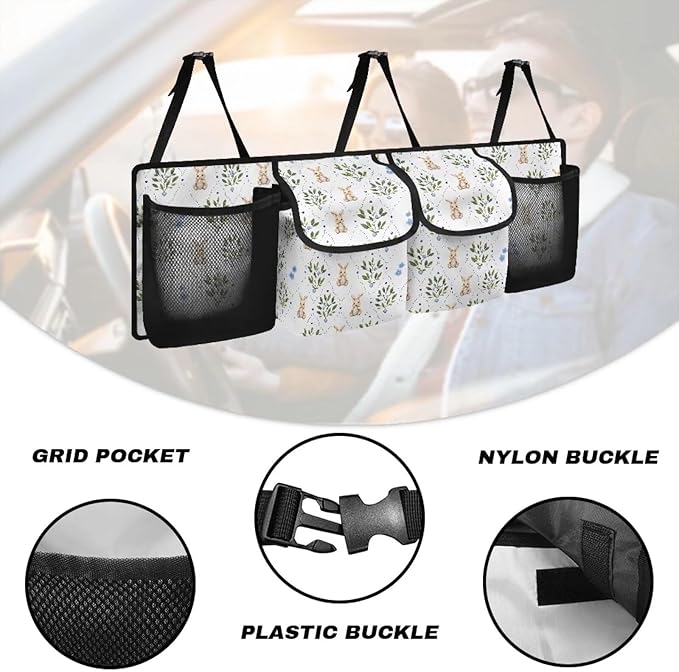 Cute Rabbit Print Car Trunk Organizer with 4 Pockets Foldable Car Backseat Storage Bag Detachable Car Storage Accessories for SUV Sedans Hatchback Crossover Minivan