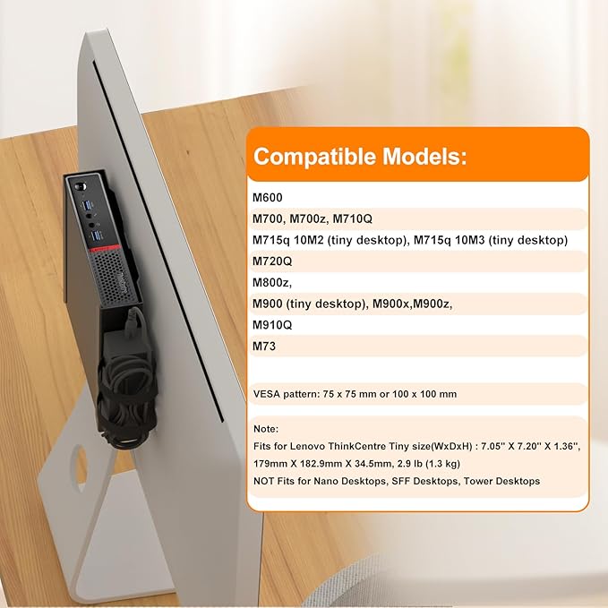 Mount for Lenovo Mini PC Wall VESA and Under Desk Mount for Lenovo ThinkCentre M600 M700 M710Q M715q M720Q M73 M800z M900 M910Q Tiny Desktops Mounting Bracket
