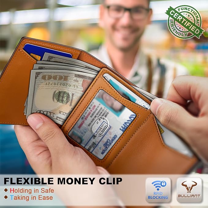 BULLIANT Men Wallet Leather Wallet Card Holders Money Clip for Men 10Cards-Magnetic Flip on Metal Case