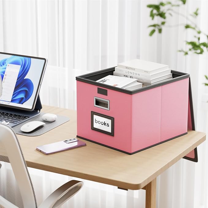 File Organizer Box with Lid, Collapsible Leather File Folder Organizer for Office Document Storage, Filing Box with Plastic Slide for Letter/Legal Size Hanging Files, Pink