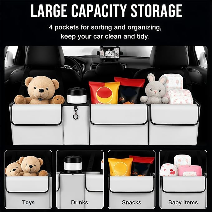 Car Trunk Organizer – Backseat Hanging Large Storage Bag with Adjustable Straps, Waterproof Collapsible Cargo Organizer with 4 Pockets, Space-Saving Trunk Storage for SUV Truck MPV (White)