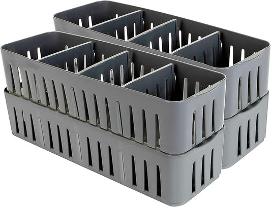 Simplify 2 Pack 4 Compartment Stackable Bin with Adjustable Dividers | Drawer Organizer | Storage Basket | Good for Office | Desk Supplies | Dorm |Bathroom | Accessories | Make Up | Grey