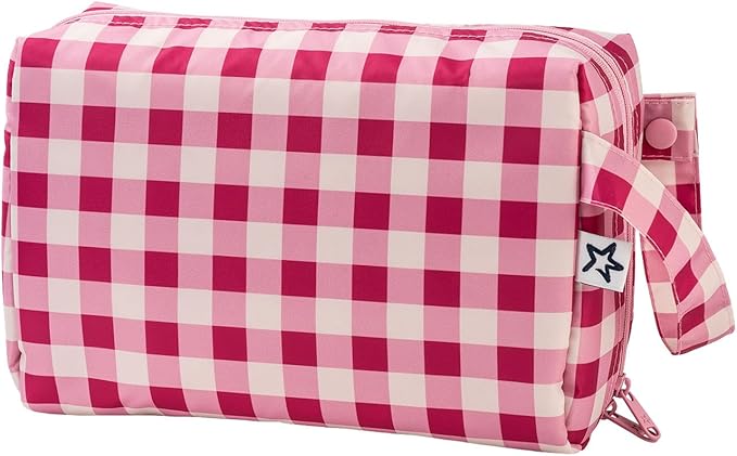 Tiny Twinkle Waterproof Travel Toiletry & Makeup Bag Organizer | Makeup Pouch with Multiple Compartments & Snap Handle for Travel | Gift for Teen Girls and Women (Raspberry Gingham)