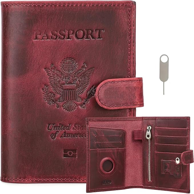 CONTACTS Full Grain Leather Passport Holder Compatible with Airtag RFID Blocking Passport Wallet Travel Slim Passport Cover with SIM Card Removal Tool (Bagde, Red)