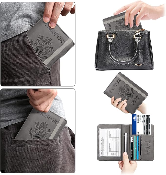 WALNEW Passport Holder for Travel, RFID Passport Cover Wallet for Women Men, PU Leather Passport Book Card Holder Case with Pen (Upgraded, Upgraded-Gray)