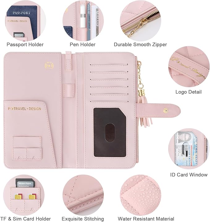 Passport Holder for Travel,Leather Passport Wallet,Travel Document Organizer with AirTag Slot,RFID Blocking With Credit Cards Case,Zippered Coins Pocket and Cash Slot for Women Men