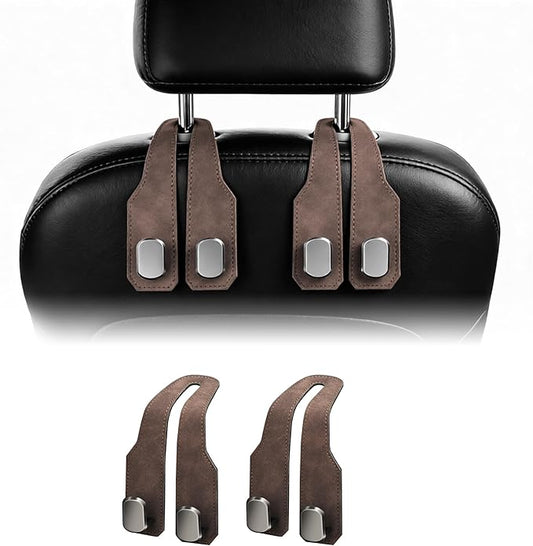 2 Pack Leather Car Headrest Hooks, Double Hook Heavy Duty Purse Holder, 360° Rotating Seat Back Organizer Holds 55 lbs for Handbags, Grocery Bags, Universal Fit Car Accessories, Brown