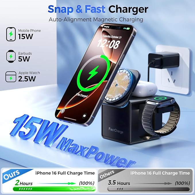 3-in-1 Wireless Charging Station for MagSafe, Fast 15W Magnetic Charger Stand for iPhone 17 16 15 14 13 12, Apple Watch & AirPods, Foldable Travel Charger with Night Light (18W Adapter Included)