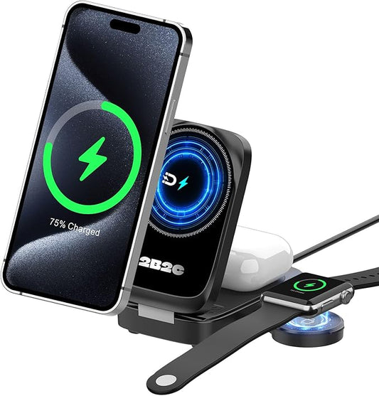3 in 1 MagSafe Wireless Charging Station, 15W Magnetic Fast Charger for iPhone 17/16/15/14/13/12 Series, Apple Watch & AirPods, Foldable Portable Charging Stand for Desk, Bedside & Travel, Black