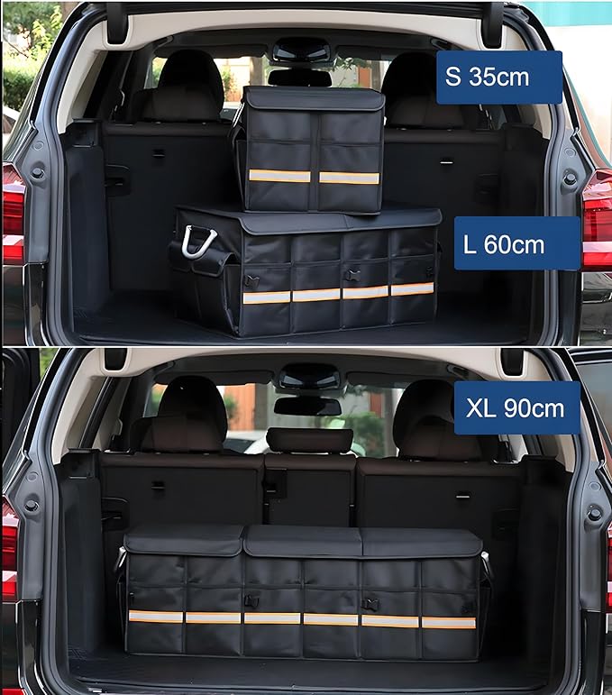 Collapsible Car Trunk Organizer with Reflective Strips, Durable 1680D Oxford Fabric, Large Capacity Storage Bin with Aluminum Handles, Anti-Slip Bottom – 60x35x30cm (23.4x13.8x11.8 inches)