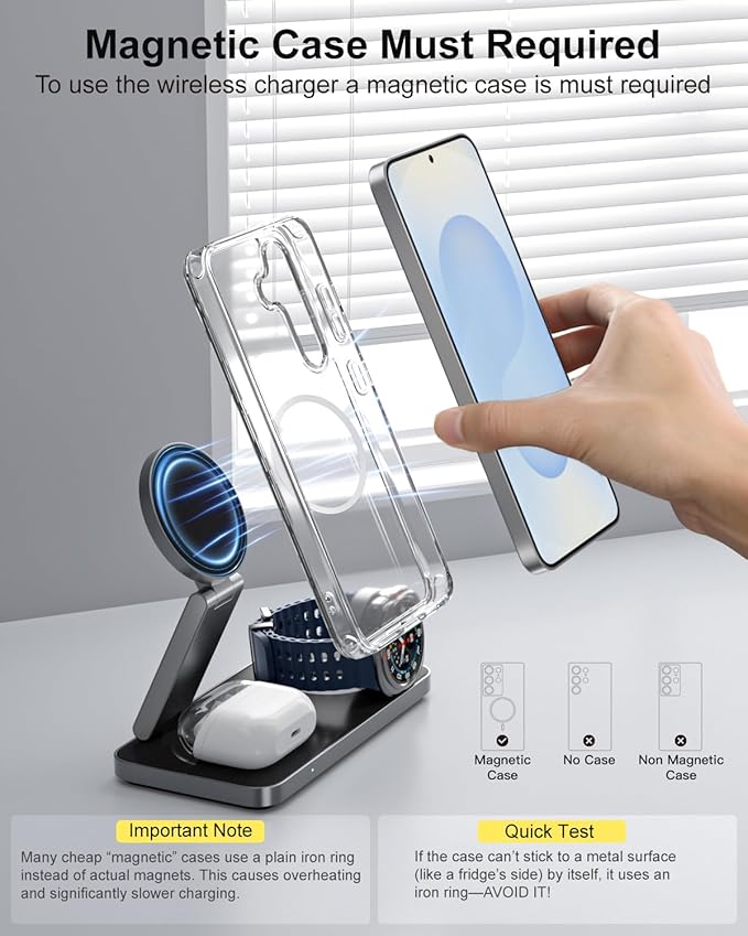 3-in-1 Charging Station for Samsung, Magnetic Fast Wireless Charger Stand Compatible with MagSafe for Galaxy S26/S25/S24/S23/Z Fold/Flip Series, Galaxy Watch Ultra/8/7/6/5, Galaxy Buds Pro/4/3/2