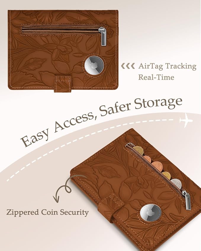 Slohif Floral Embossed Passport Wallet - Elegant Passport Wallet with AirTag Holder & RFID Blocking Slim Vegan Leather Passport Cover with Money Pocket and Card Slots Rust Brown