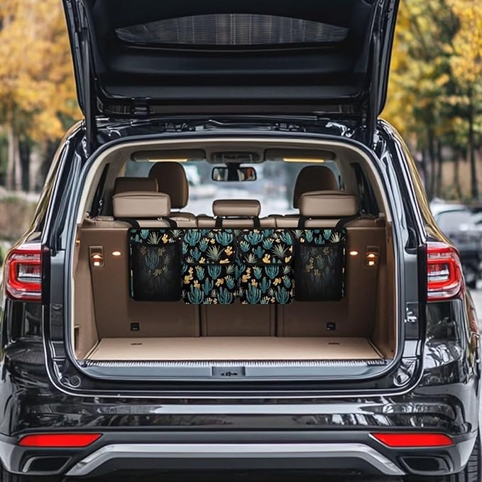 Cactus Car Trunk Organizers,Backseat Hanging Organizer with 4 Large Storage Bag,Waterproof Car Organizer with Lids,Road Trip Adjustable Strap Large Capacity Bag for Car SUV
