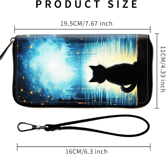 Wallet,Leather Long Wallet Suitable For Ladies And Teenagers - Detachable Wristband + RFID Travel Wallet With Card Slot - Black Cat