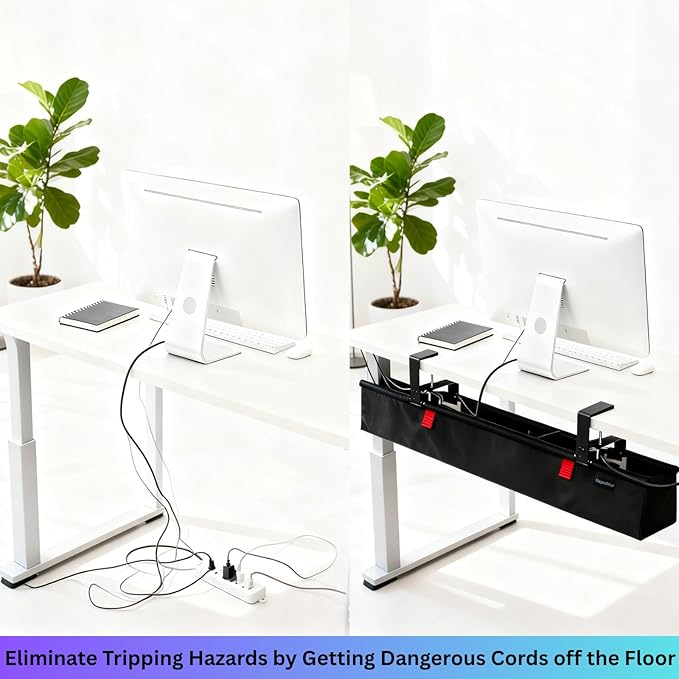 Under Desk Cable Management Tray, 48" Extra Large No Drill Cord Organizer with Easy to Clean Oxford Fabric, Clamp On Power Stripe Holder for Office, Home Office & Gaming Space