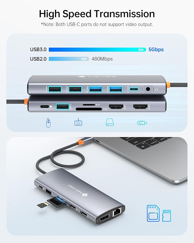 NOVOO USB C Docking Station Dual Monitor for Laptop, 14 in 1 Hub Adapter Thunderbolt 3 to Dual 4K60 HDMI+8K30 DP USB C/A Data 100W PD RJ45 SD/TF Audio