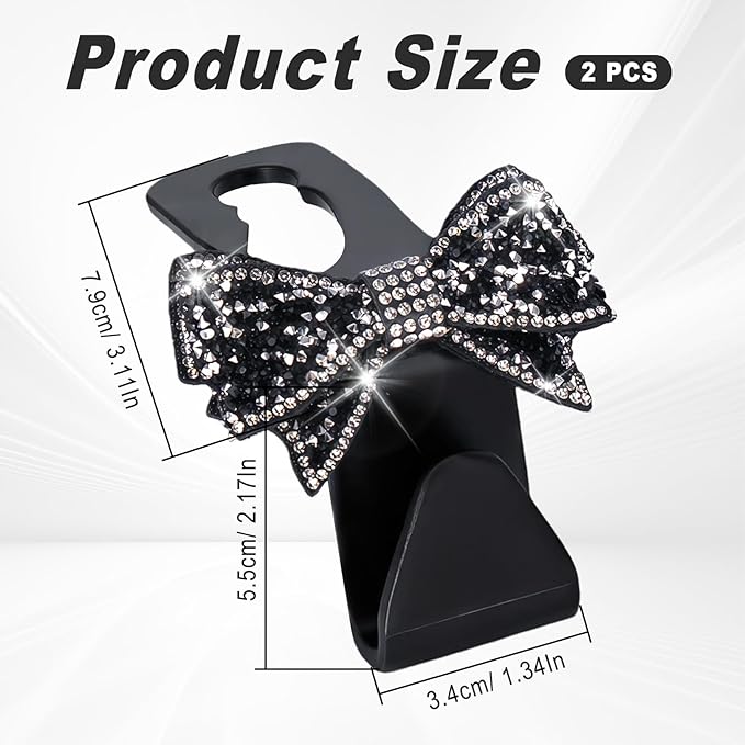 2PCS S-Type Bling Car Seat Headrest Hooks, Crystal Rhinestone Bow Seat Hooks for Purses and Bags, Rhinestone Car Accessories for SUV, Truck, Sedan (Black)