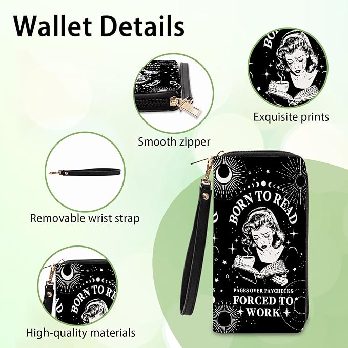 Book Lovers Gift for Womens Wallet - Slim PU Leather "BORN TO READ" Gothic Reader Wallet for Women with Zipper, Credit Card Holder Wallets, Wristlet Wallets for Female Girls Birthday(Reading Gift)