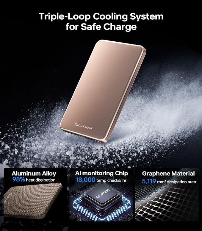 [0.3" Ultra Slim] [Alloy-Made] ULiXWH Magsafe Portable Charger for iPhone, 2026 Upgrade 5000mAh Fast Charging Magnetic Power Bank, Wireless Battery Pack for iPhone 17 Air 16 15 Pro Max 14, Desert Gold